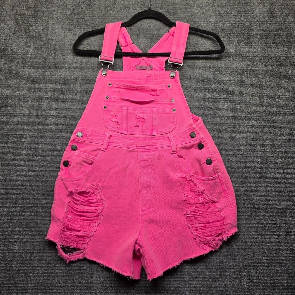 CARMAR Hot Pink Shredded Denim Shortalls Womens Small Barbiecore Festival Overal